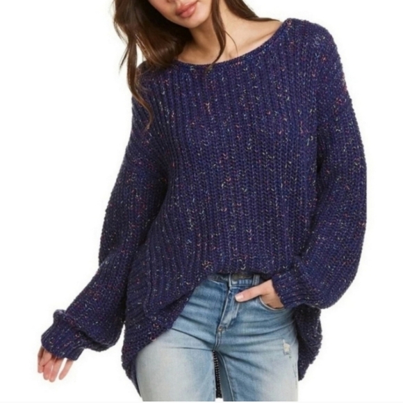 Free People Revolve Neon Lights Blue Confetti Speckle Rib Knit Oversized Sweater - Picture 1 of 10